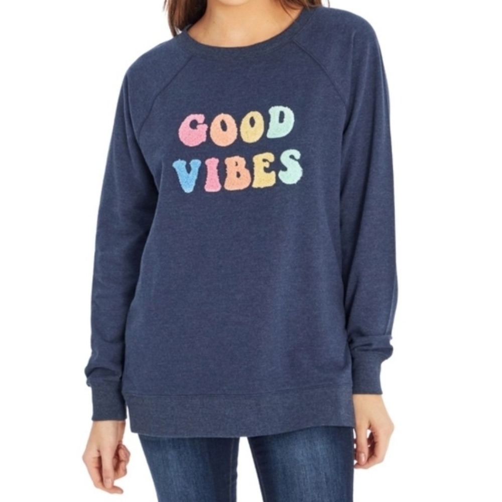 Wildfox Good Vibes‎ Sweatshirt M Navy Blue Chenille Graphic Rainbow Pride Retro